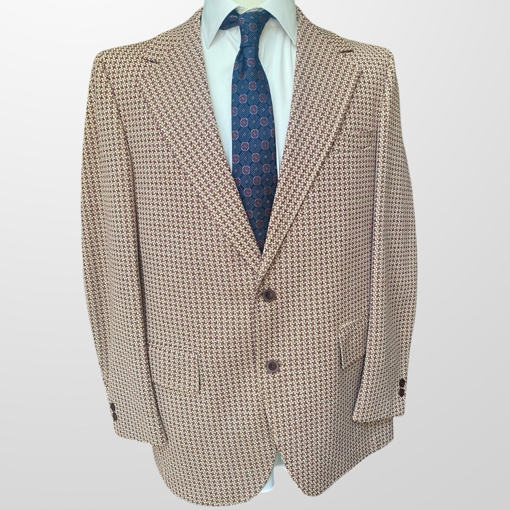 Vintage Palm Beach Blazer Mens 44L Maroon Houndstooth‎ Sport Coat USA Union Made